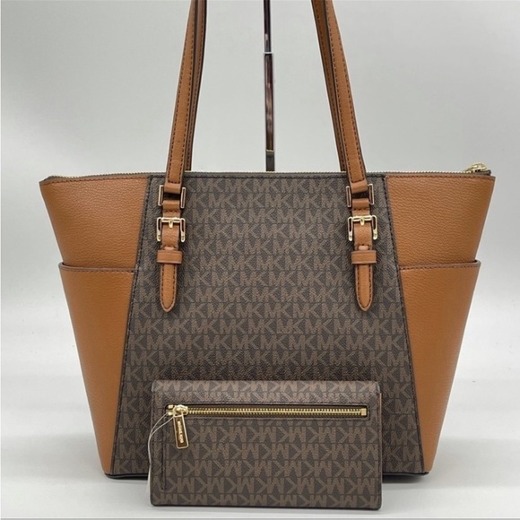 Michael Kors Large Charlotte Tote Bag & Trifold Wallet Leather Brown - Picture 9 of 12